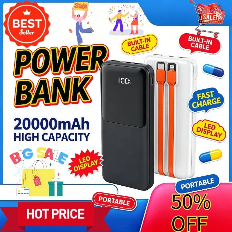 22.5W Fast Charge Power Bank 10000/20000mAh Built‑in Cable LED Display Large Capacity Portable External Battery For Mobile Phone