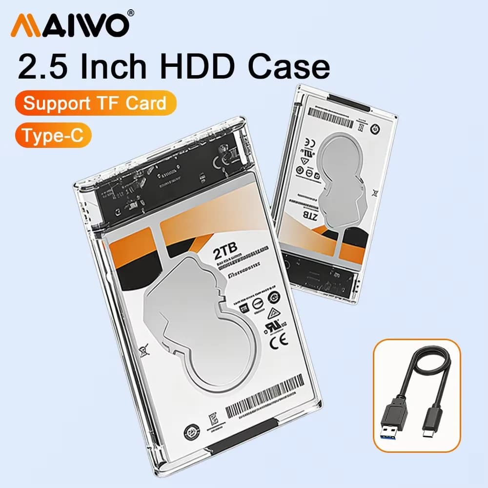 MAIWO Box esterno per HDD da 2,5 pollici USB 3.0 5 Gbps, custodia per disco rigido esterno compatibile con SSD/HDD SATA da 2,5'' da 7-9,5 mm, supporto per lettore di schede TF