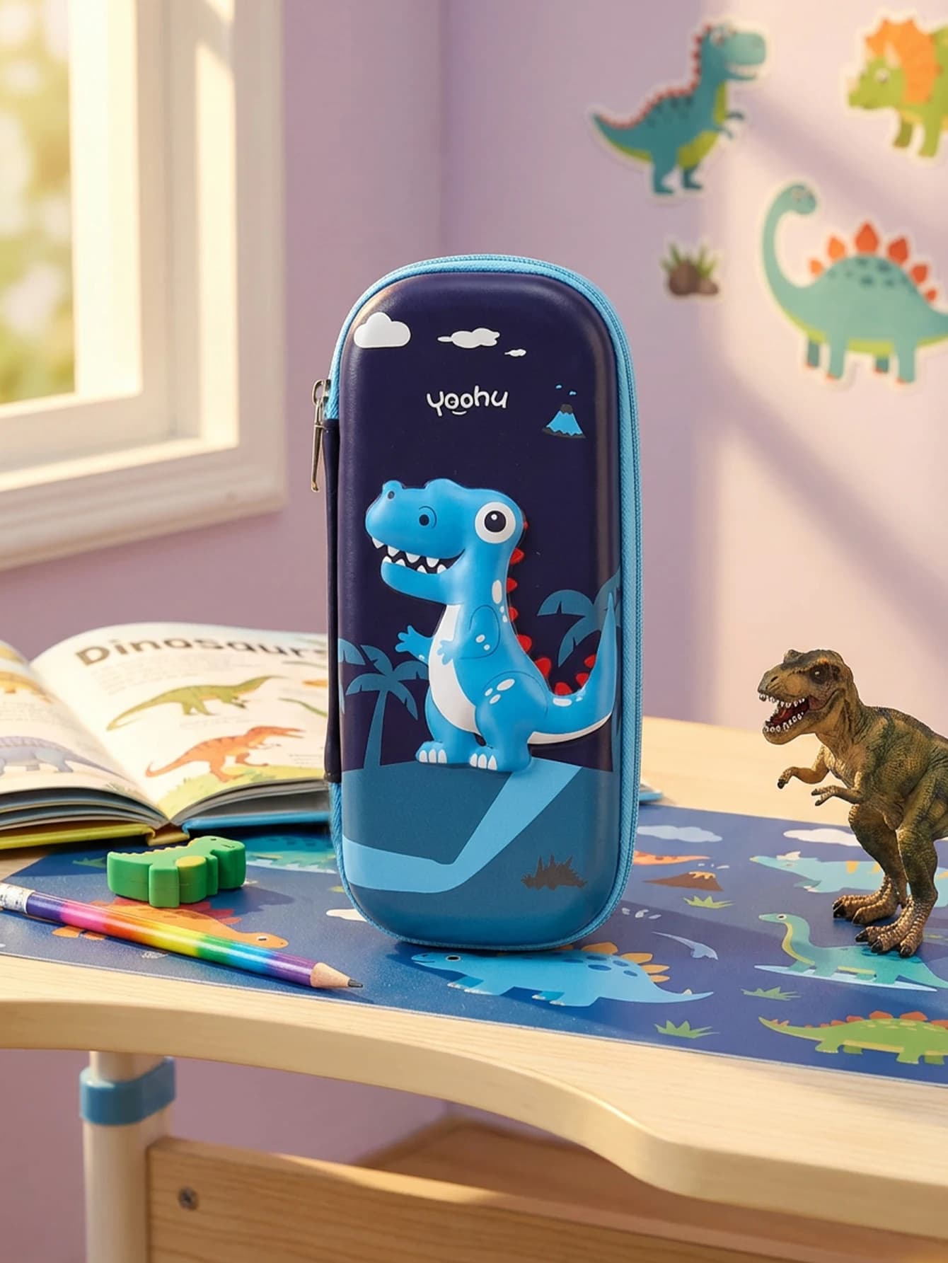 Blue Dinosaur EVA Pencil Case, 3D Hard Shell Shockproof Zipper Box, Large Capacity Stationery Storage, Back to School Gift