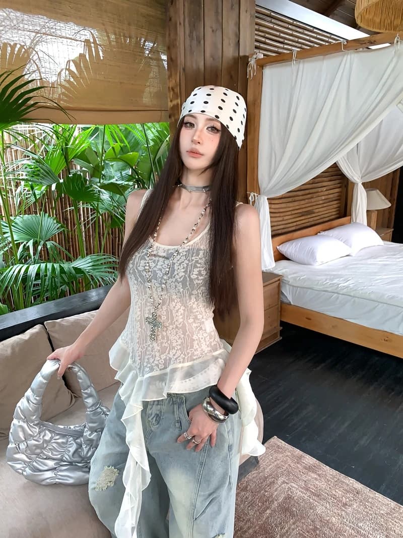 Retro Lace U-Neck Strap Vest Women Summer Design Slim Fit Irregular Hem Sleeveless Top Outerwear Commute Style Fashion