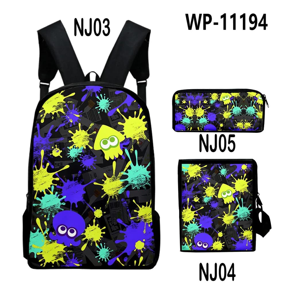 Zaino Creativo Popolare Splatoon 3 con Stampa 3D, Set da 3 Pezzi: Zaino Scolastico, Borsa a Tracolla Inclinata e Astuccio per Laptop