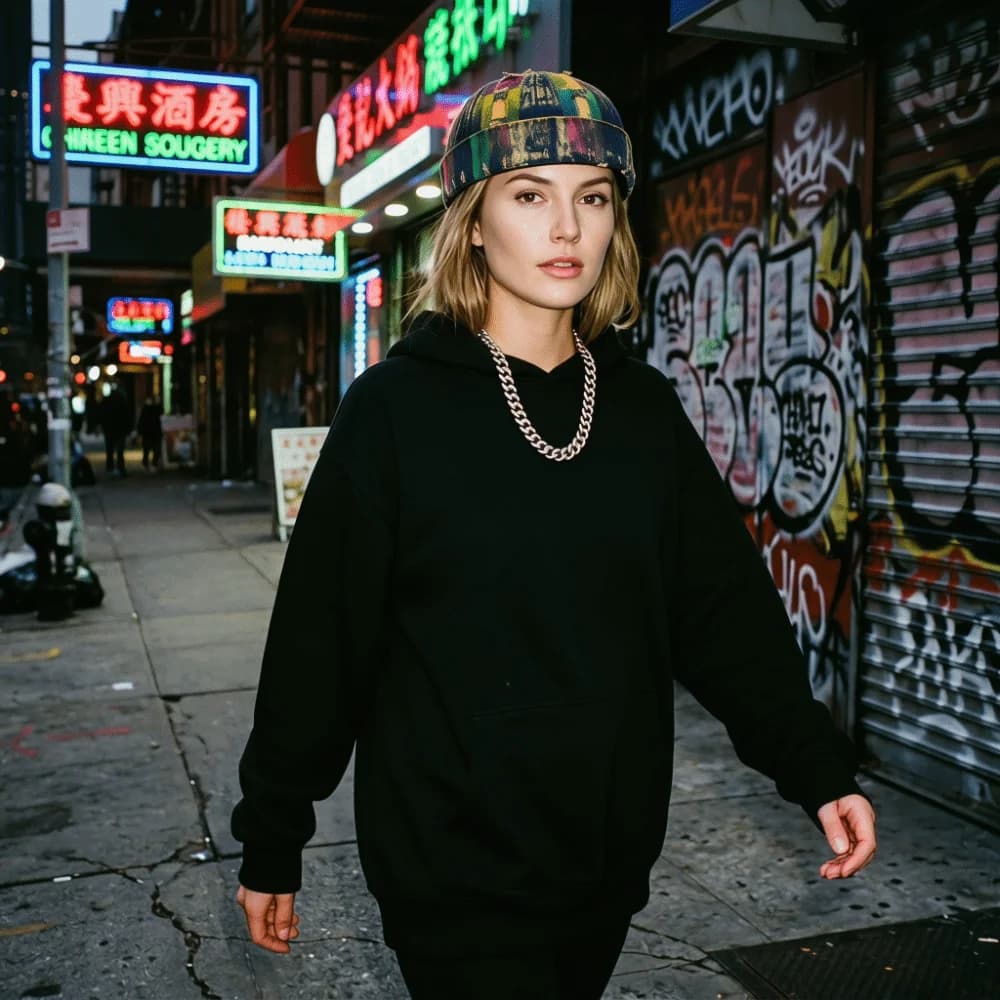Adjustable Brimless Landlord Hats Distressed Denim Cotton Polyester Blend Melon Skin Cap Graffiti Print Lightweight Beanie