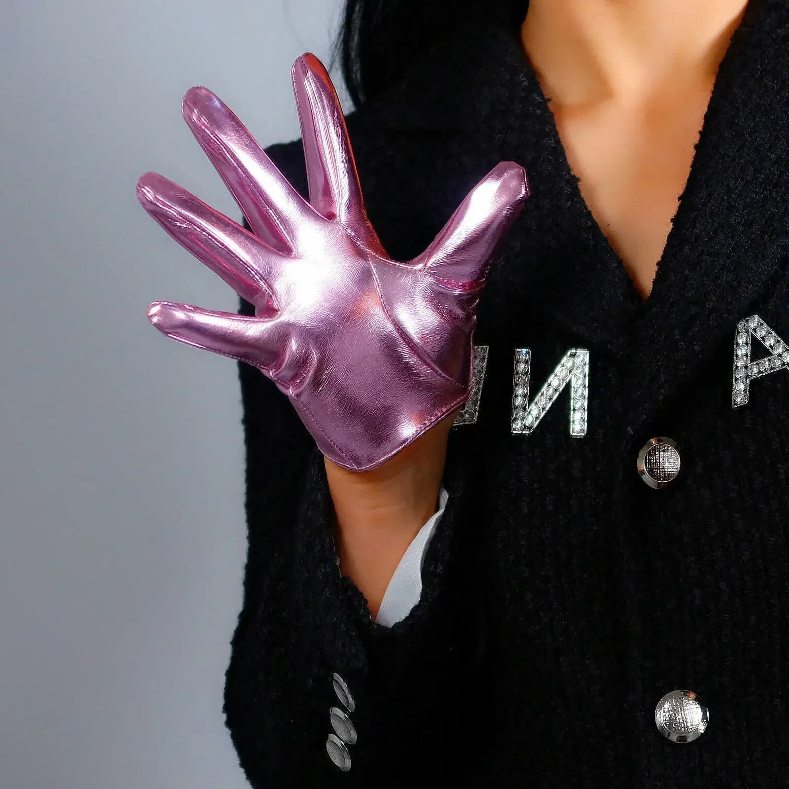 Guanti Corti Rosa Baby Lucidi Effetto Latex in Finta Pelle Verniciata 5 Pollici 16cm per Costume di Halloween e Cosplay