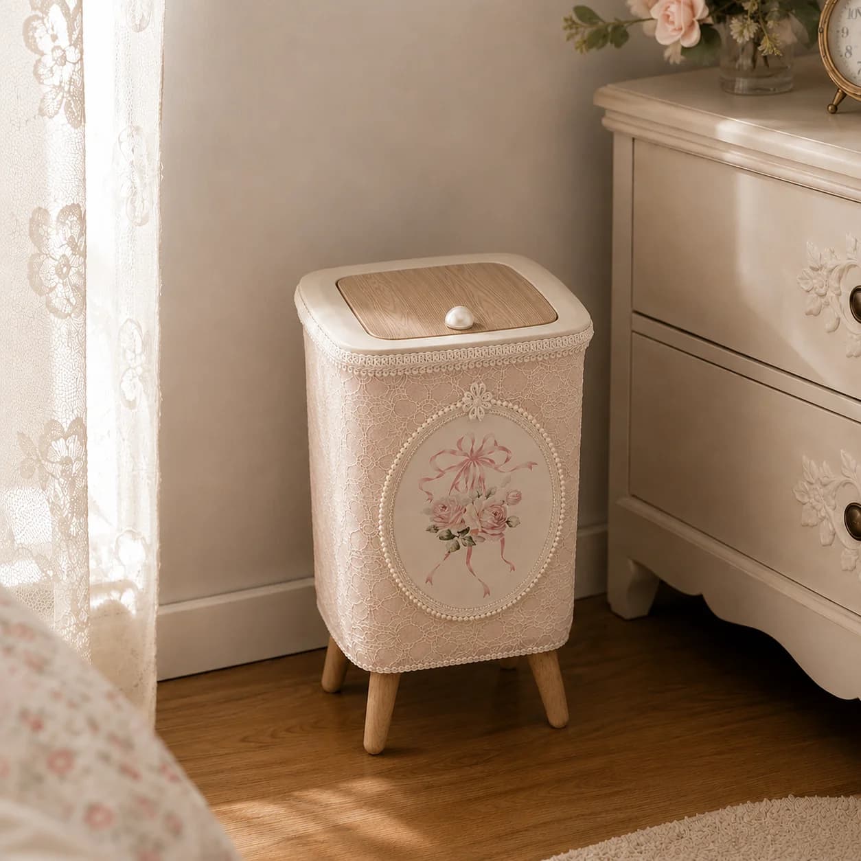 Press Lid Wastebasket Square Garbage Bin Lace Footed Bathroom Bedroom Office Trash Can Storage Box Home Decor Organizer