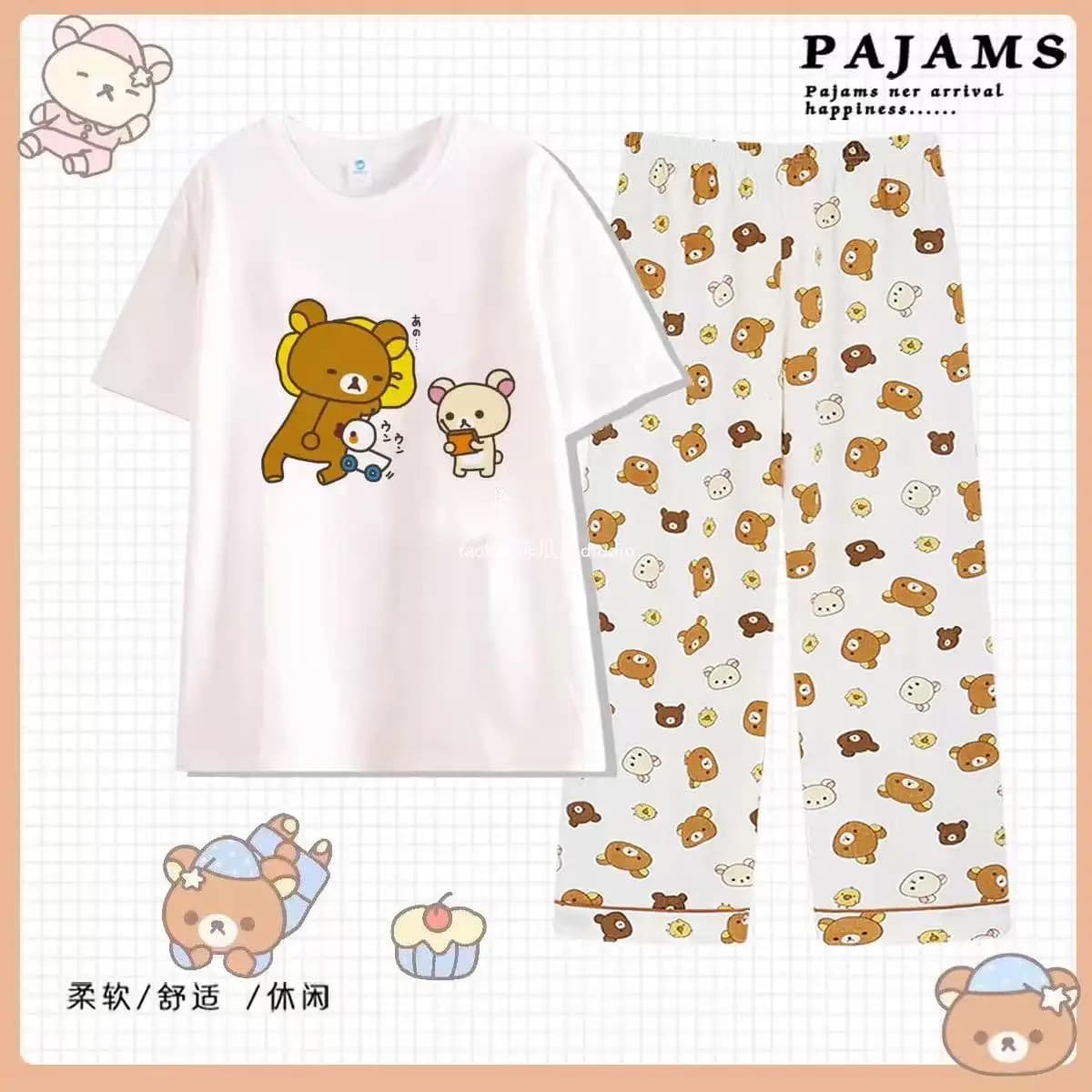 Pigiama Rilakkuma Primaverile e Autunnale, Set Due Pezzi in Puro Cotone con Maniche Corte e Pantaloni Lunghi, per Casa o Regalo