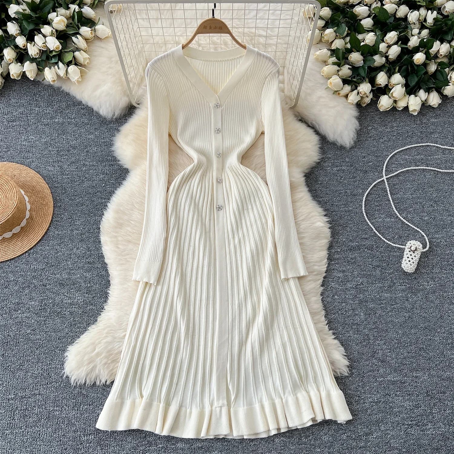 2024 rosa moda francese lavorato a maglia Maxi abito lungo donna scollo a V bottone monopetto volant Slim maglione vestito da partito