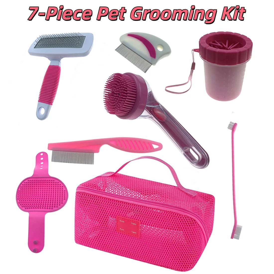 Kit di Toelettatura per Animali Domestici in 7 Pezzi con Borsa Portaoggetti | Set da Bagno Portatile per Cani e Gatti Include Pulitore per Zampe, Spazzola per la Rimozione del Pelo e Spazzolino