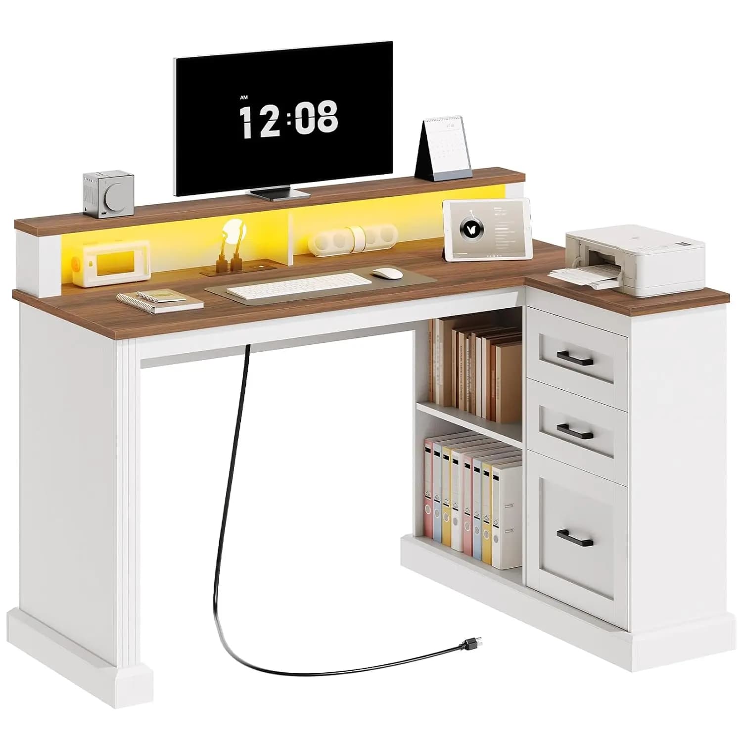 Scrivania a L con Prese Elettriche, Luci LED, Cassetti e Supporto Monitor per Ufficio e Gaming, Personalizzabile