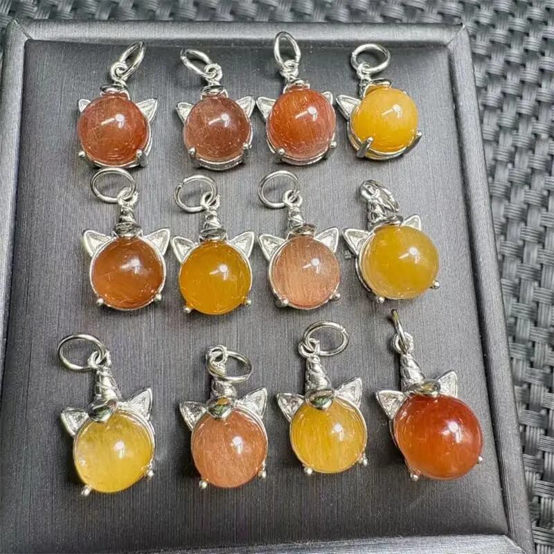 S925 Natural Rabbit Hair Quartz Sphere Cat Head Carving Safety Buckle Pendant Healing DIY Necklace Fashion Jewelry Gift 1pcs