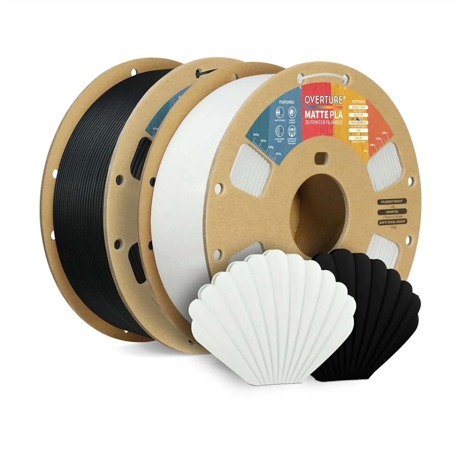 Filamento PLA Opaco per Stampante 3D 1.75mm, Confezione da 2kg, Superficie Opaca e Basso Effetto Piegatura, 2 Bobine da 1kg per la Maggior Parte delle Stampanti FDM
