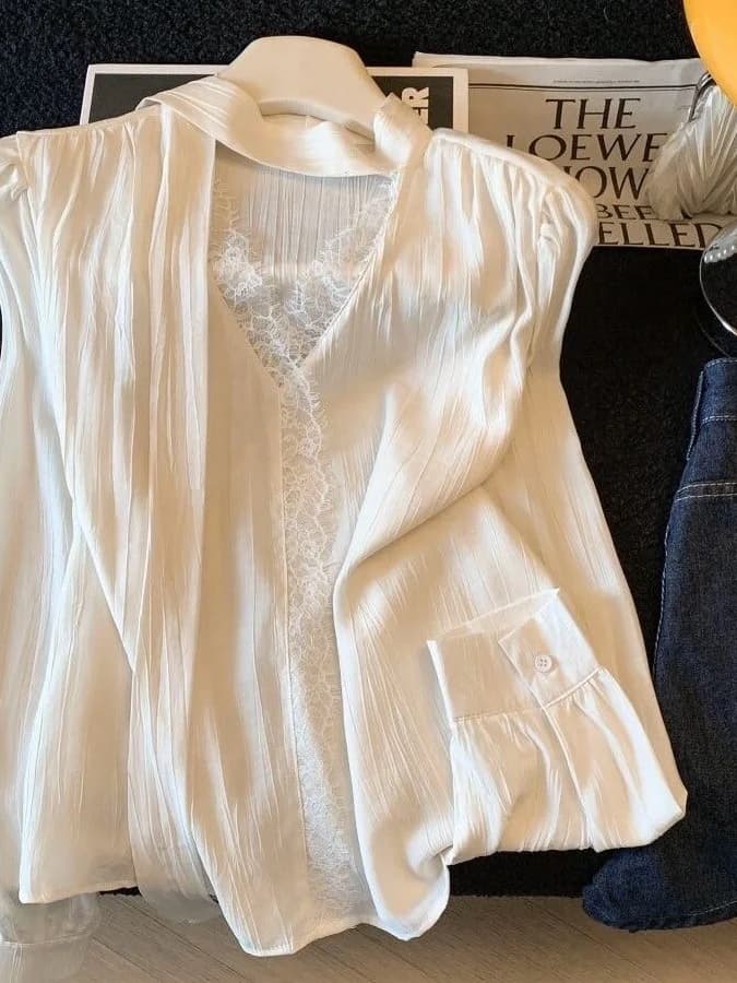 Elegant Women's Chiffon Shirt with Sash And Lace Trim Apricot Spring Design V-Neck Long Sleeve Breathable Comfortable Casual ...