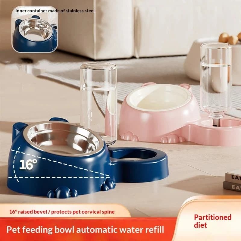2 in 1 Pet Bowl With Auto Water Feeder Tilted Elevated Cat Dog Food Water Bowl Spill Proof For Indoor Feeding Setup
