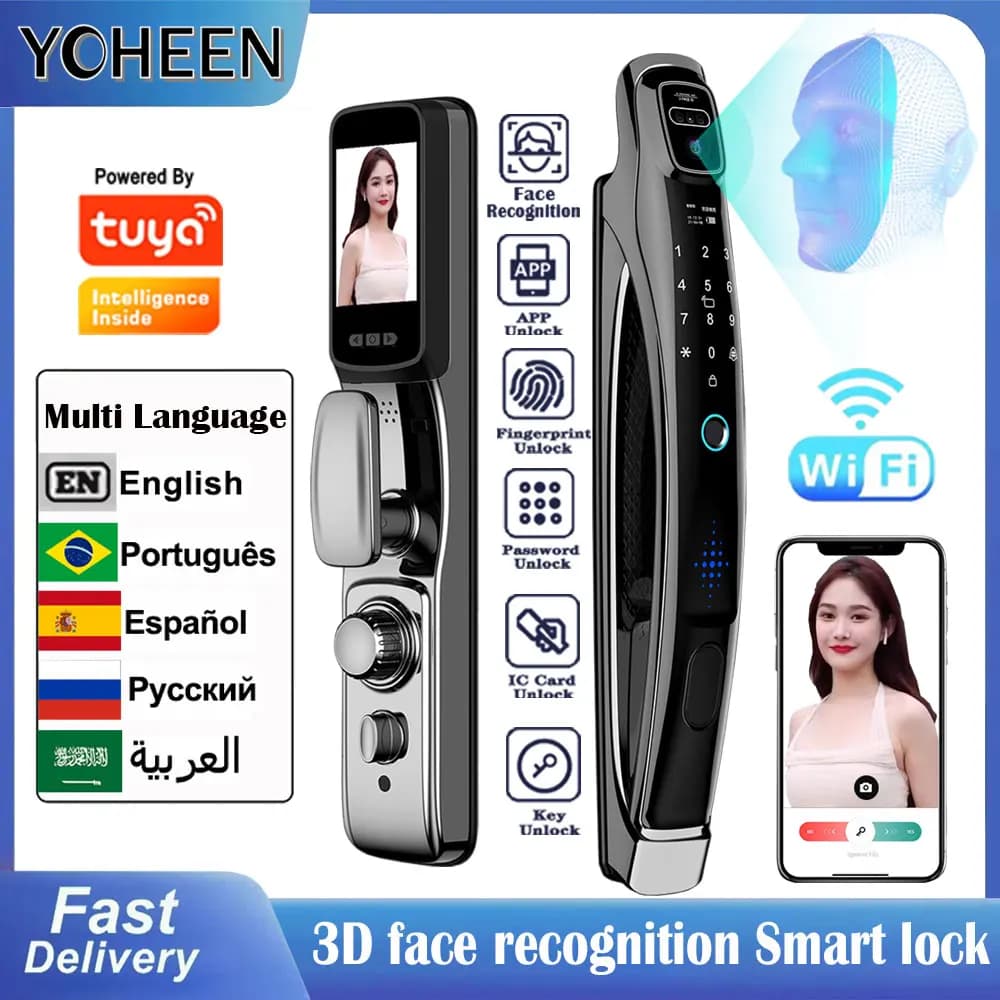 Tuya Wifi 3D riconoscimento facciale impronta digitale Smart Digital Door Lock videocitofono schermo campanello integrato con Password Key Card