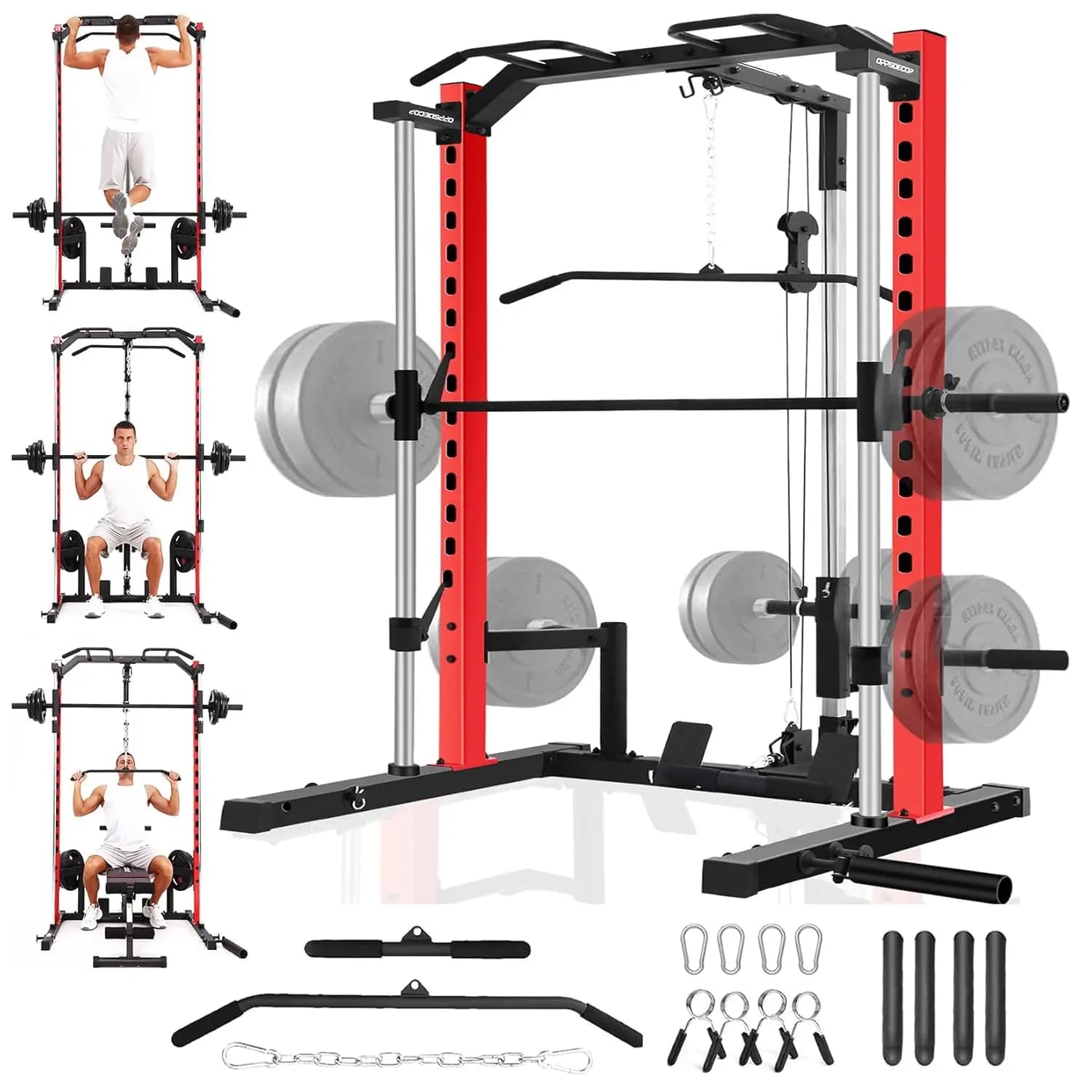 Power Rack All-in-One Smith Machine with LAT Pull Down System, Traction Bar, Balancing, Weight Supports and Customizable