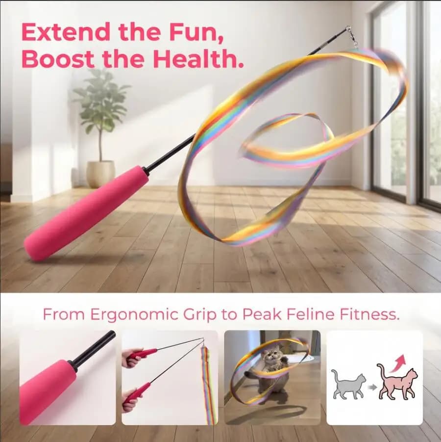 Interactive Cat Wand With Rainbow Ribbon Ergonomic Handle