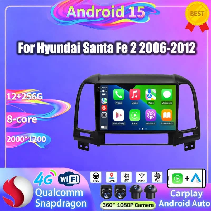 Android 15 Car Radio For Hyundai Santa Fe 2 2006-2012 Wireless Carplay Autoradio Stereo Player 2 Din Auto 4G GPS DSP Multimedia