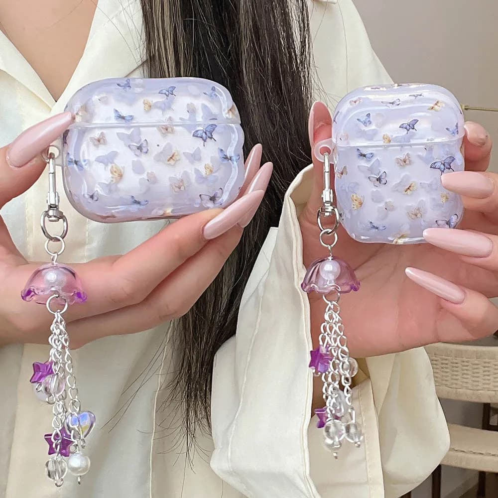 Purple Butterfly Wind Chime Ornaments Case for AirPods Pro 2 3 4 AirPods Pro2 Pro3 Airpods4 Soft TPU Shockproof Earphone Cover