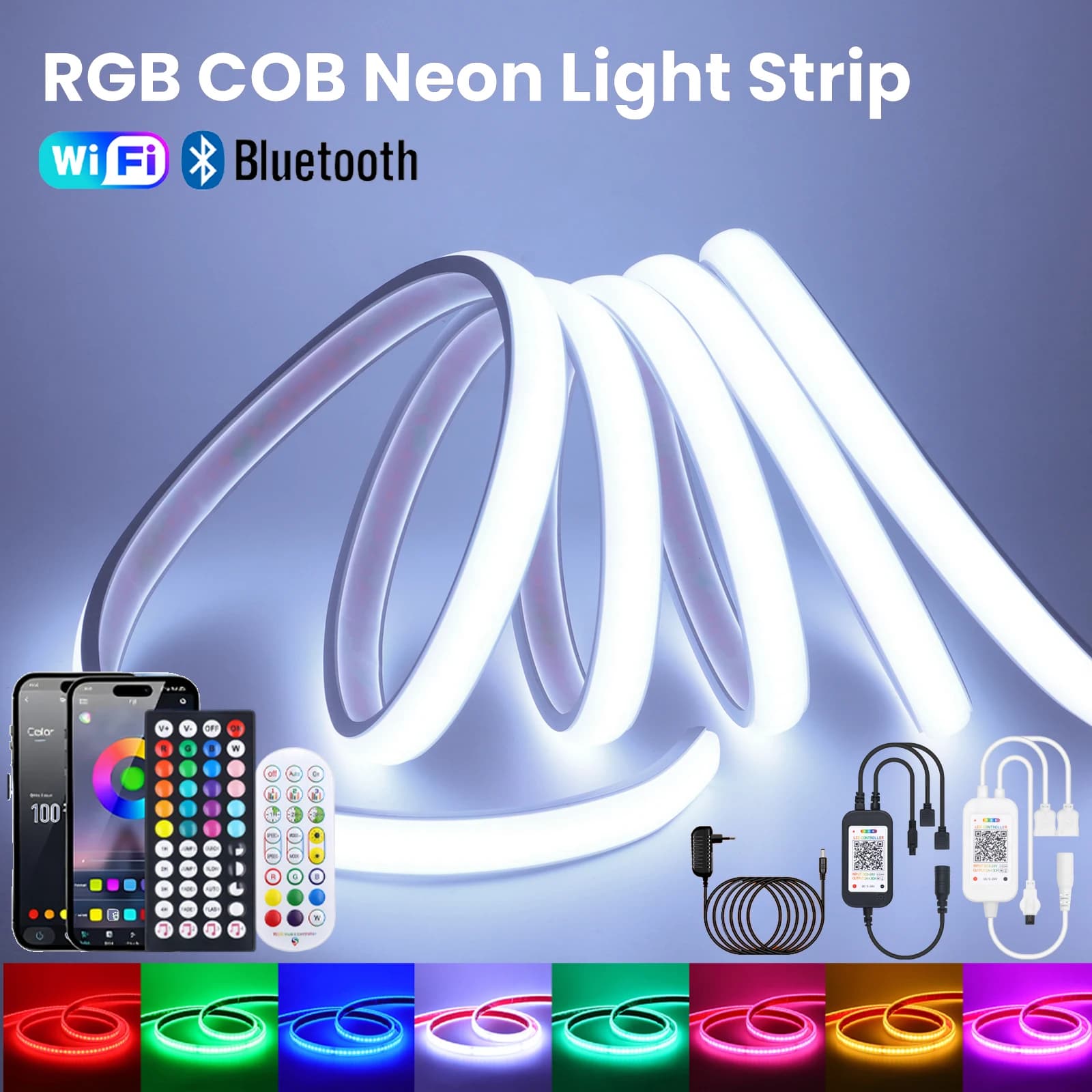 Striscia LED RGB COB WiFi Bluetooth con Telecomando a 24/44 Tasti, Kit di Alimentazione 24V 576 LED, Impermeabile, Flessibile, Neon per Alexa Google Home Decor