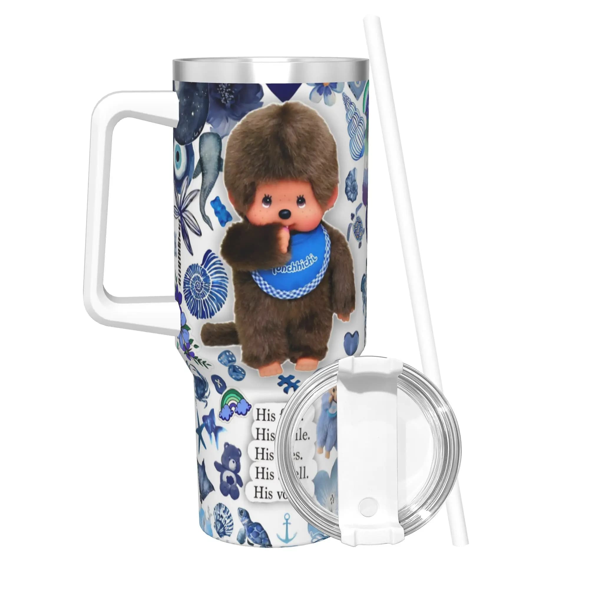 Tazza Termica Kawaii Monchhichi con Coperchio e Cannuccia, Bottiglia d'Acqua per Auto da 40 once