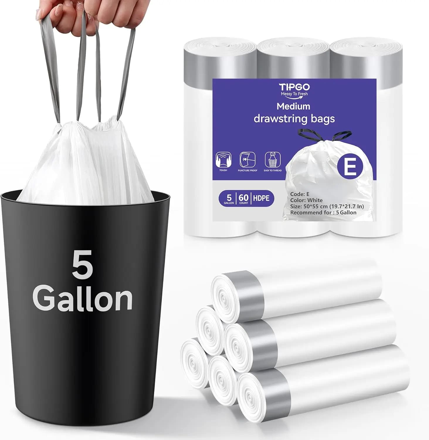 5 Gallon Trash Bags Drawstring, Pre-Cut Strong Wastebasket Bin Liners, White Garbage Bags for Home, Office, Bathroom (Code E, 60