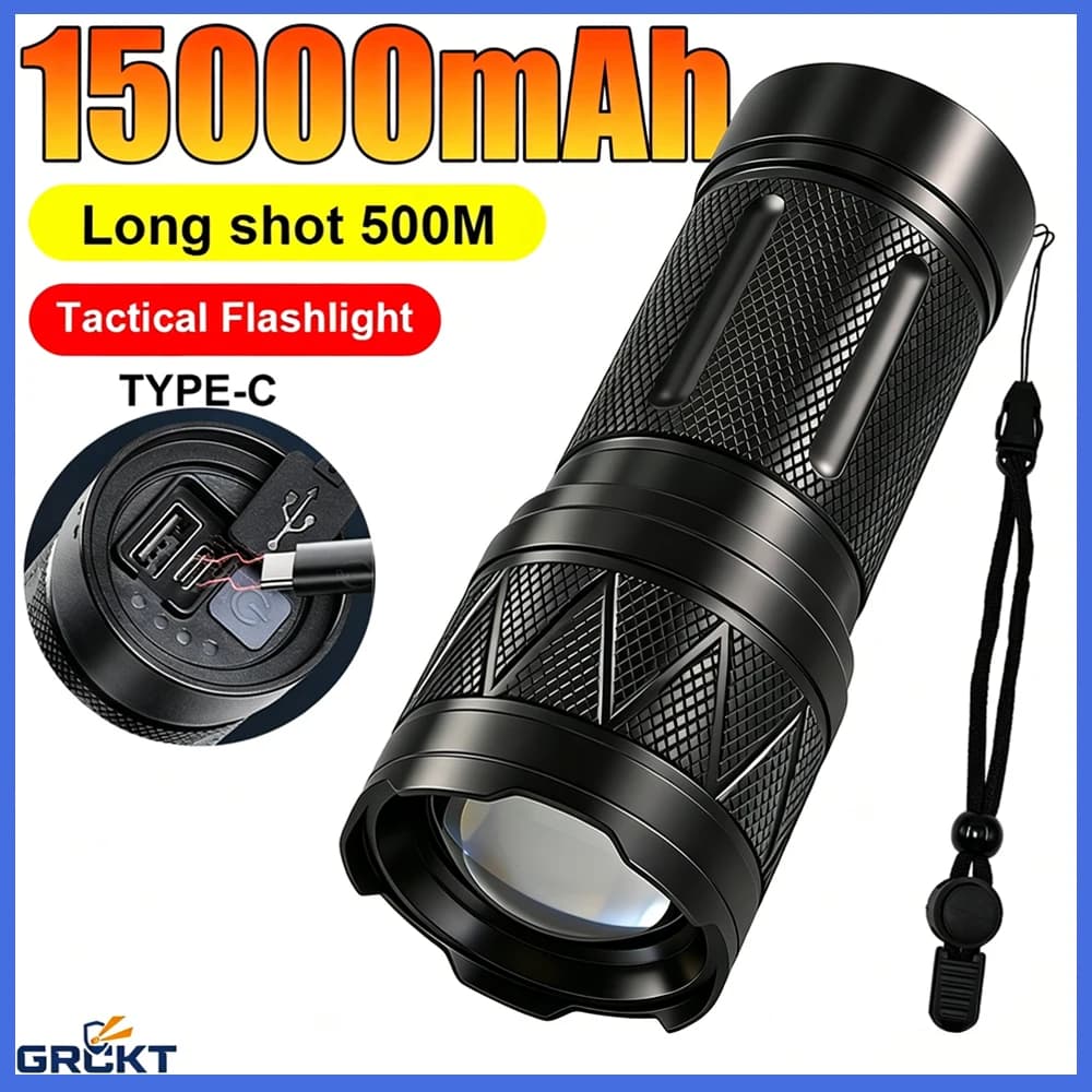 GRCKT High Power Led Flashlights 2000LM Tactical Torch with Display Light USB Charging Rechargeable ECO Flashlight Camping Gifts