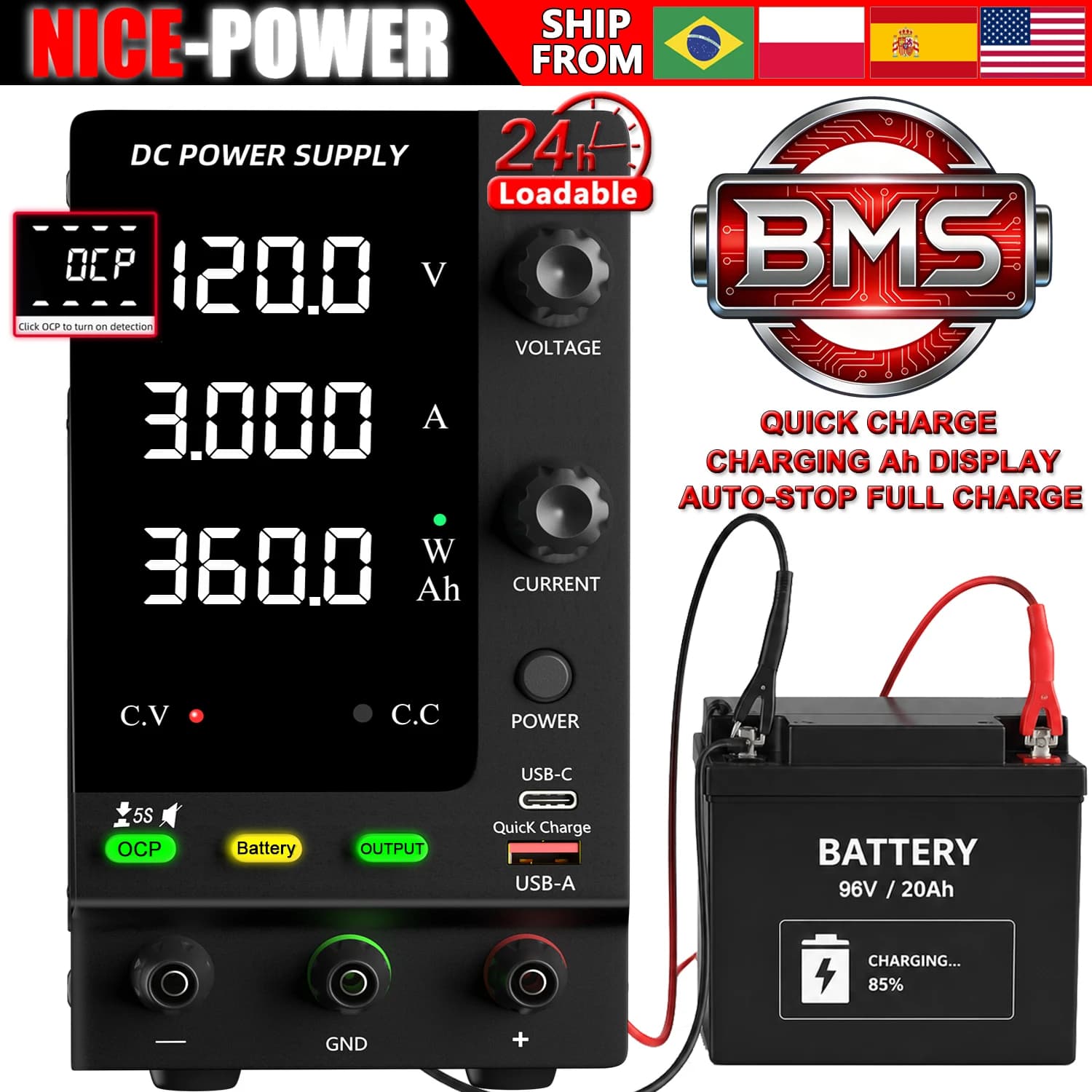 Nice-Power 120V Adjustable Power Supply For Charging Battery & PCB Testing Repair, 24V 48V Bench Power Supply With OCP/OUTPUT