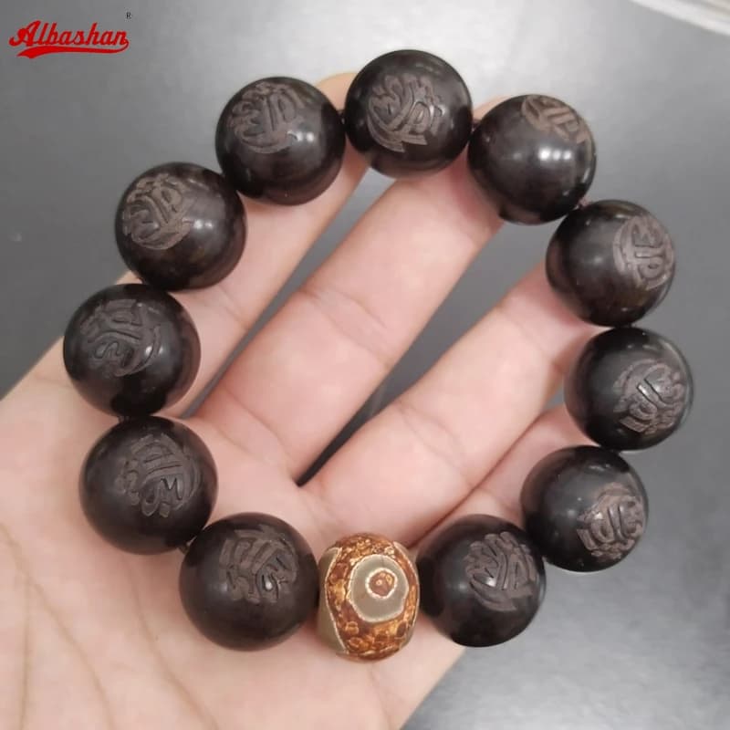 Bracciali Legno di ebano con occhio di pietra di agata Accessorio arabo Baraka islamico Cinturino da polso Regalo Eid