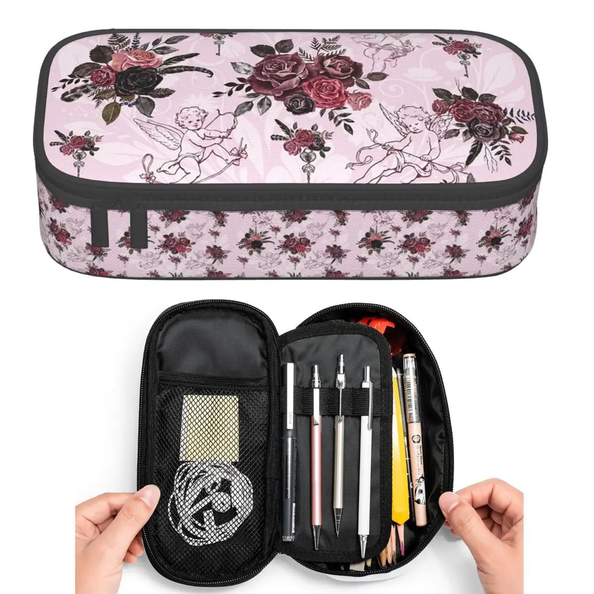 Astuccio Kawaii a forma di angelo vittoriano con rose vintage per studenti, portapenne di grande capacità