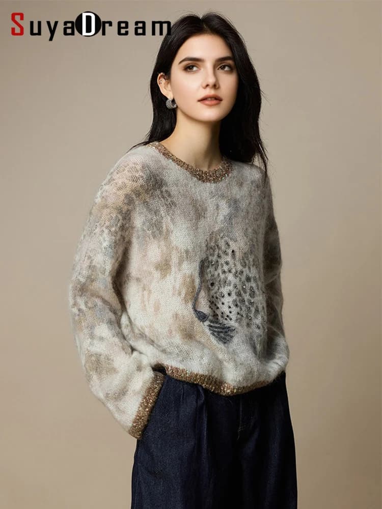 SuyaDream, pullover in mohair da donna, maglioni stampati in misto lana, colletto tondo, top alla moda autunno inverno 2025, motivo gatto