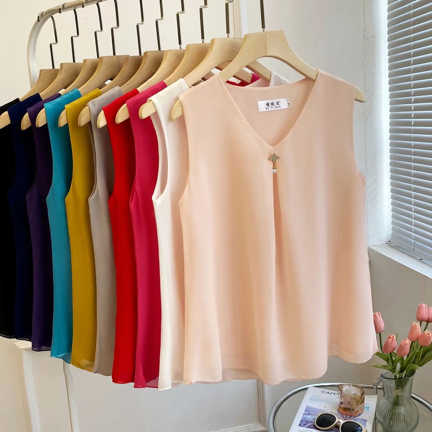 Camicetta in Chiffon da donna camicie senza maniche taglie forti con scollo a v allentato top Basic femminili
