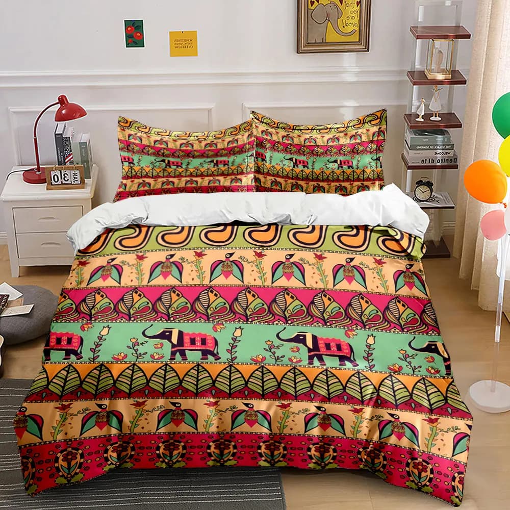 Set di biancheria da letto con stampa a foglie di elefante in stile Mehndi indiano, morbido e confortevole, include 1 copripiumino e 2 federe.