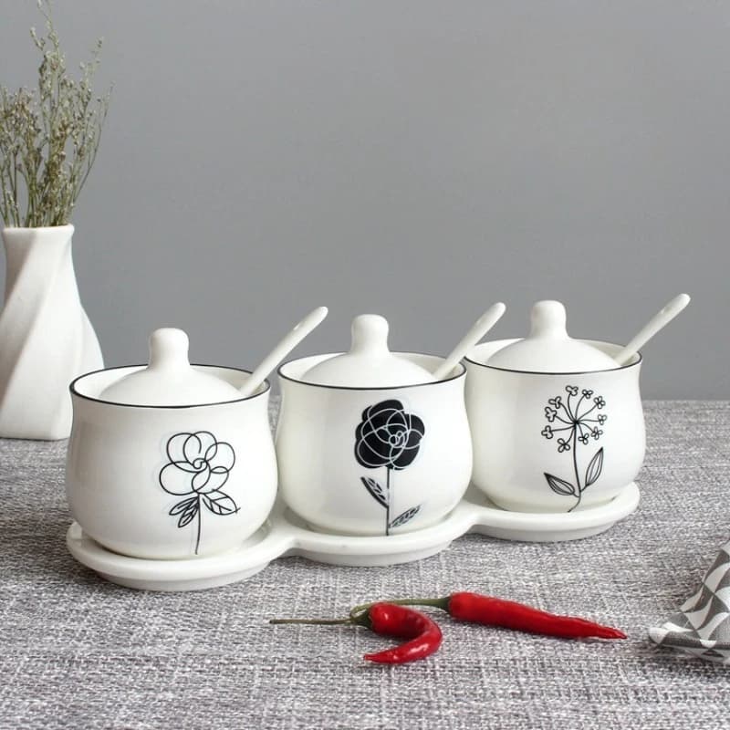 Scatola per condimenti in ceramica Set di barattoli per condimenti per piante Vassoio per cucchiai Scatola per condimenti per la casa Contenitori per la conservazione della cucina di casa Decorazione