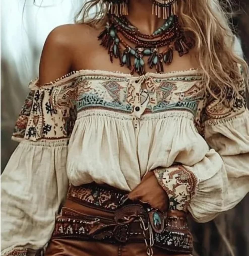 Chic Bohemien Shirt with Ethnic Print, Blanks Discovered, Lantern Sleeves, Single Tan, for Autumn Summer, Top Casual