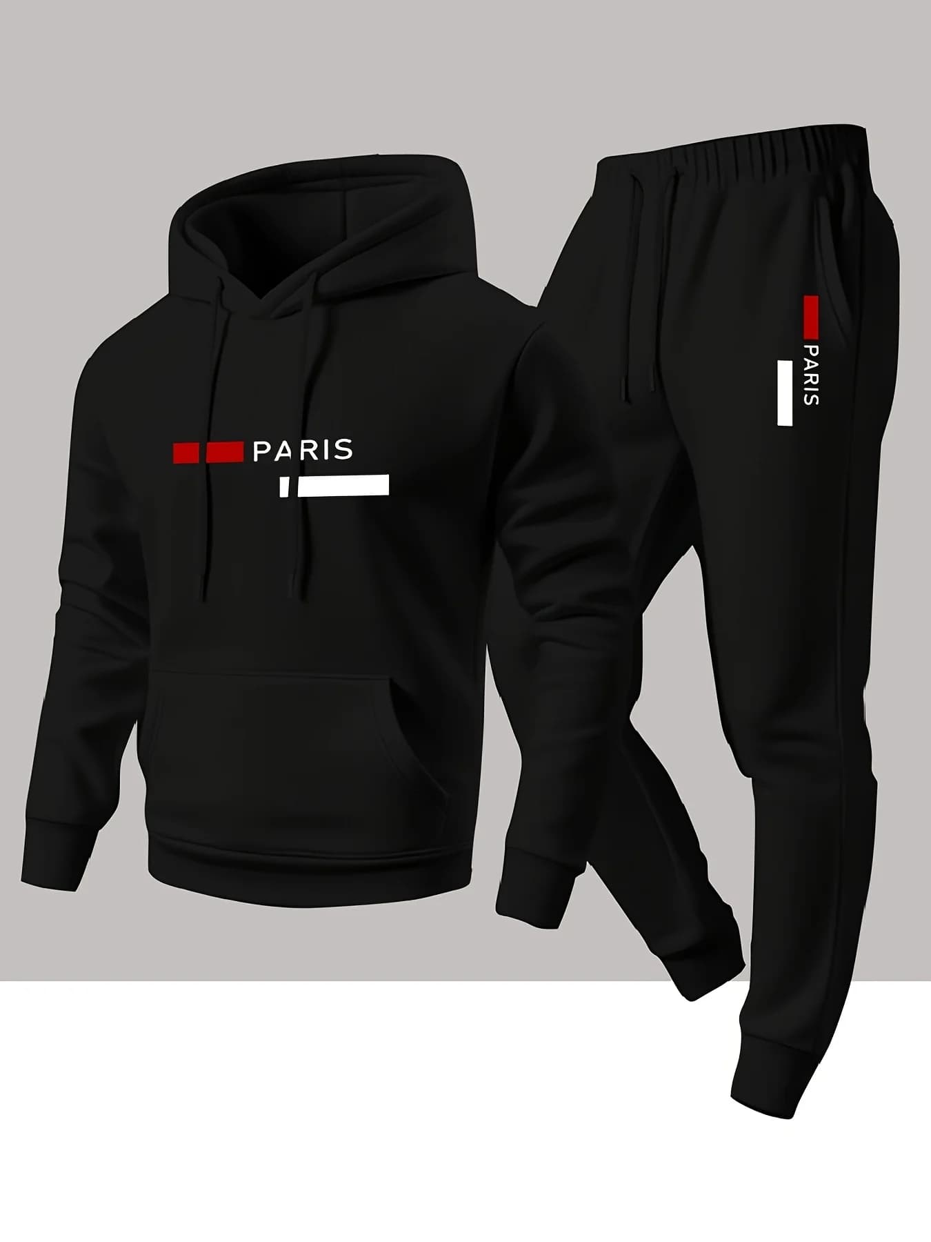 men tracksuit,2‑piece set,urban casual,streetwear,red‑black stripe,letter graphic print,hoodie,long pants,casual sportswear