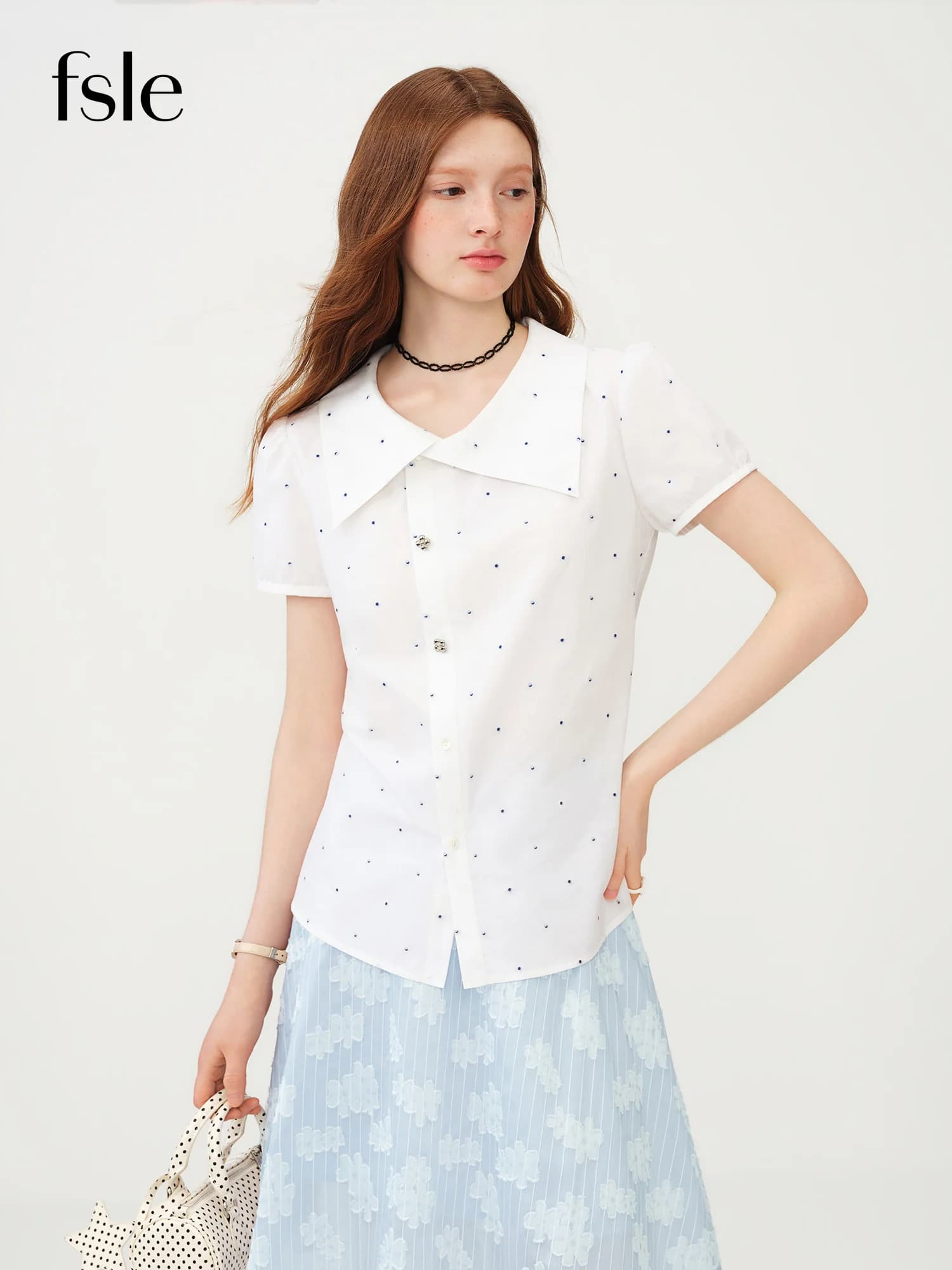 FSLE 2026 Summer Women‘s Asymmetric Collar Polka Dot Blouse, V-Neck Tie-Front Short Sleeve Shirt for French Coquette Chic Style