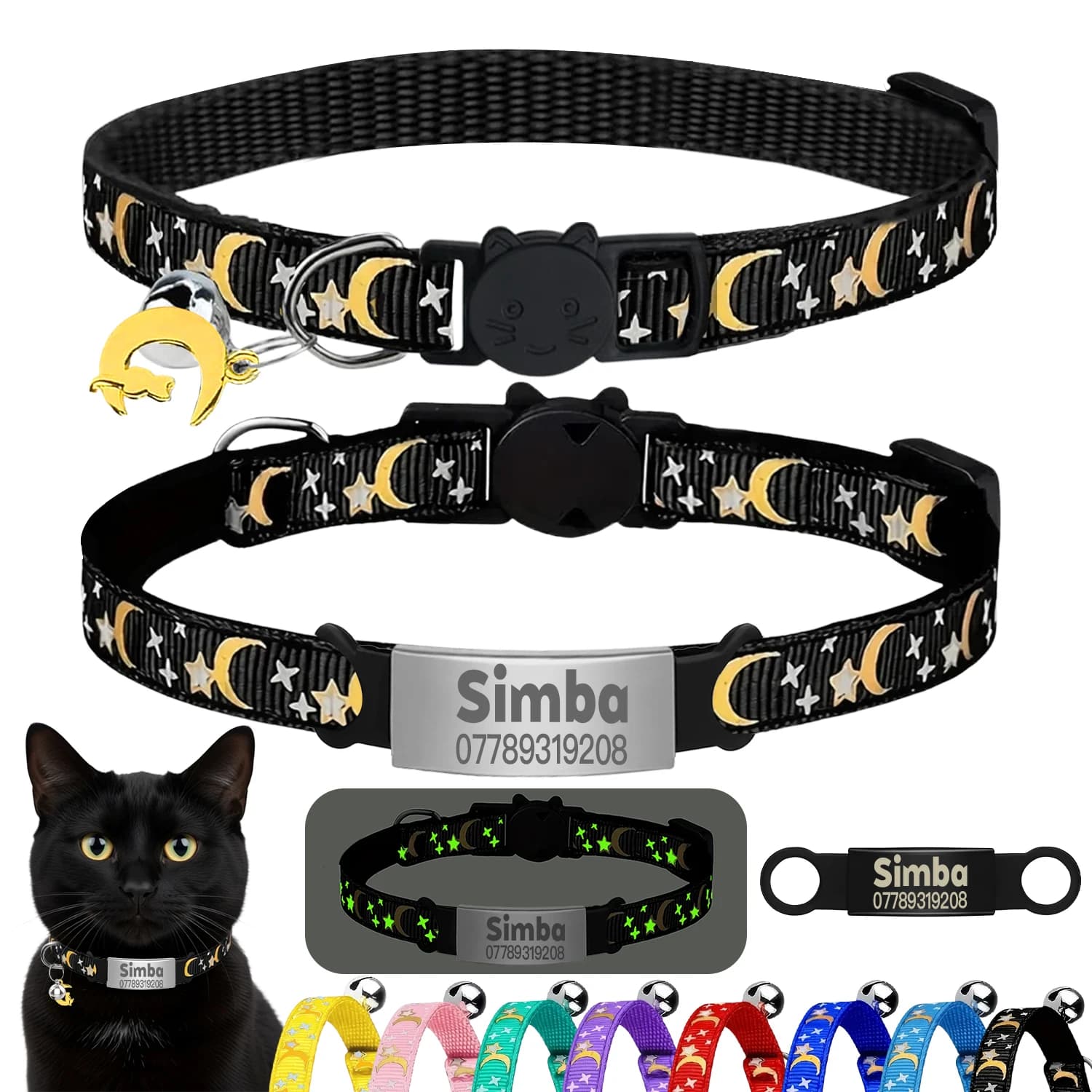 Collare per gatti personalizzato carino bagliore Collana con targhetta identificativa per animali domestici anti-smarrimento con cucciolo di gattino inciso gratuito con campana e ornamento lunare