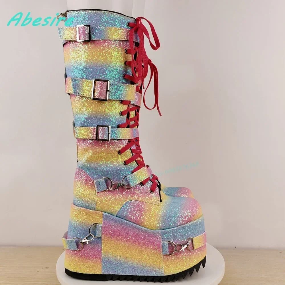 Lolita Y2K Sweet Cute Shoes Newplatform Cross-Tied Wedges Shoes for Women Colorful Bling Glitter Multi-Buckles Knee High Boots