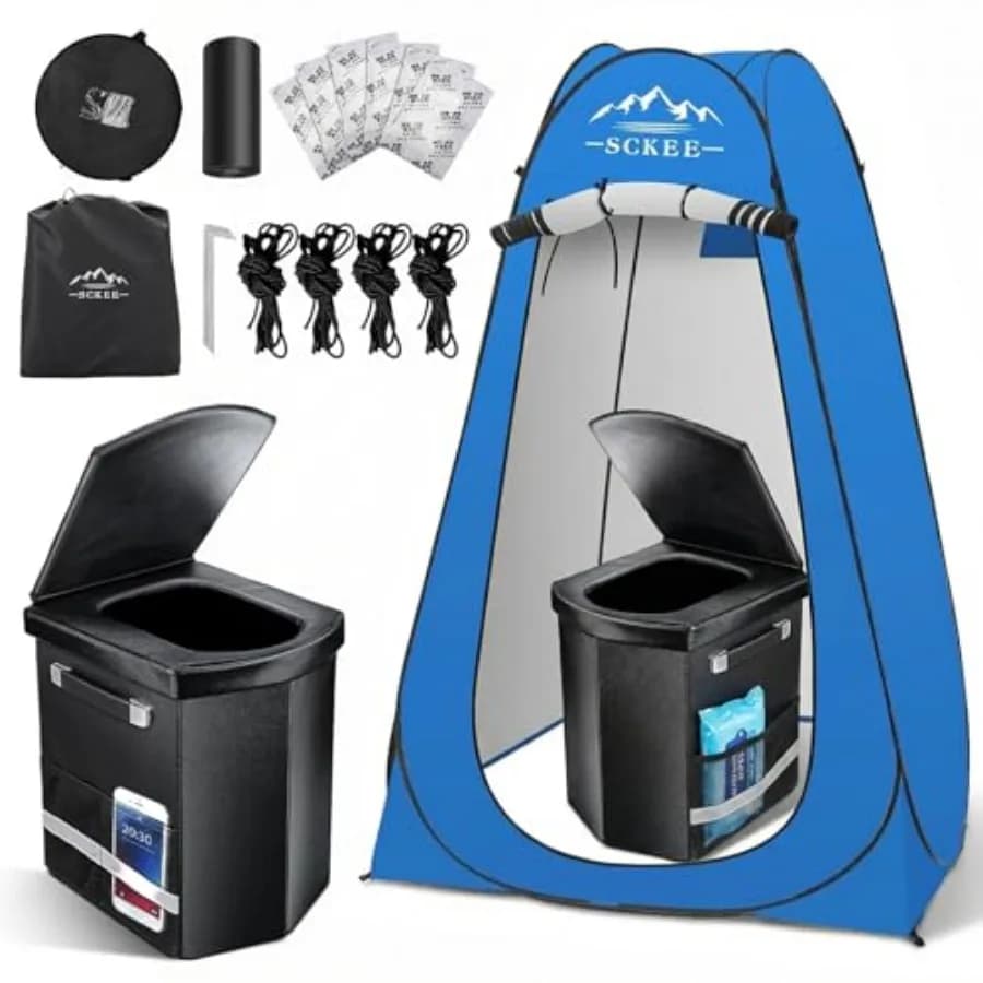 WC da campeggio da 16,5'' con tenda privacy a scomparsa, WC portatile XL per campeggio, docce all'aperto, spogliatoi, bagno portatile