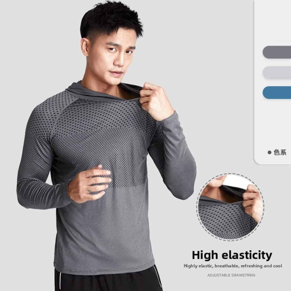 (M-5XL) Base layer with men winter cationic hood, long sleeve thermal sweatshirt for outdoor fitness, running, basketball, football