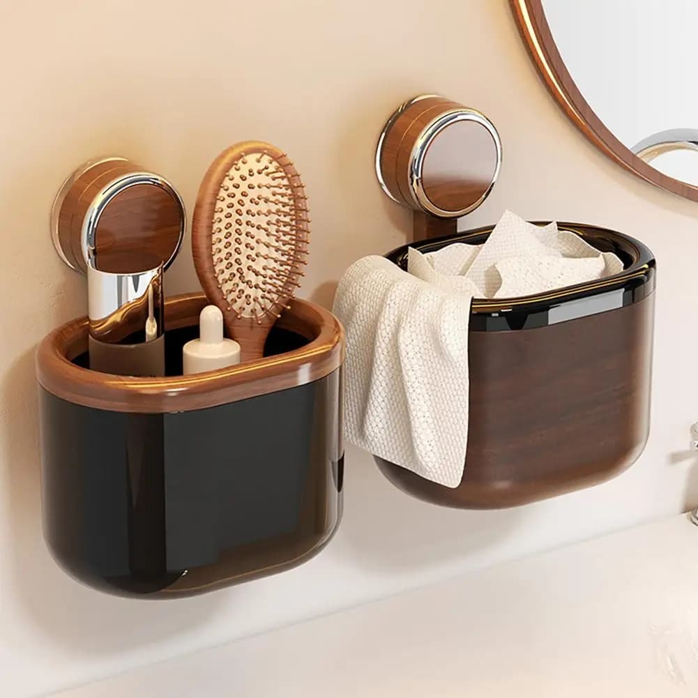 Storage Bucket Wall Mounted Suction Cup Design Large Capacity Wastebasket with Wood Grain Appearance Organizer for Bathroom