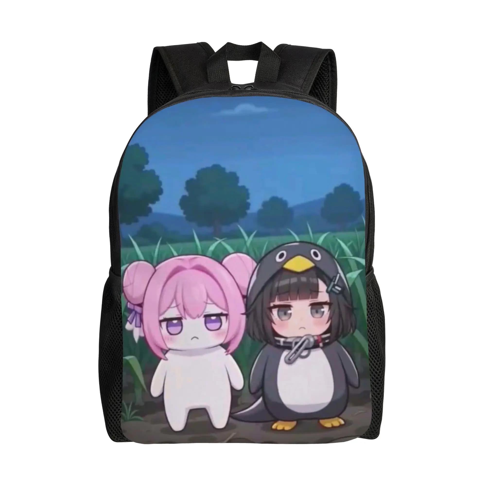 Back to school season Light gugu gaga Pink Hair Girl Penguin Night Sky Cute Kawaii Character Art Laptop Bag Teenager Backpack