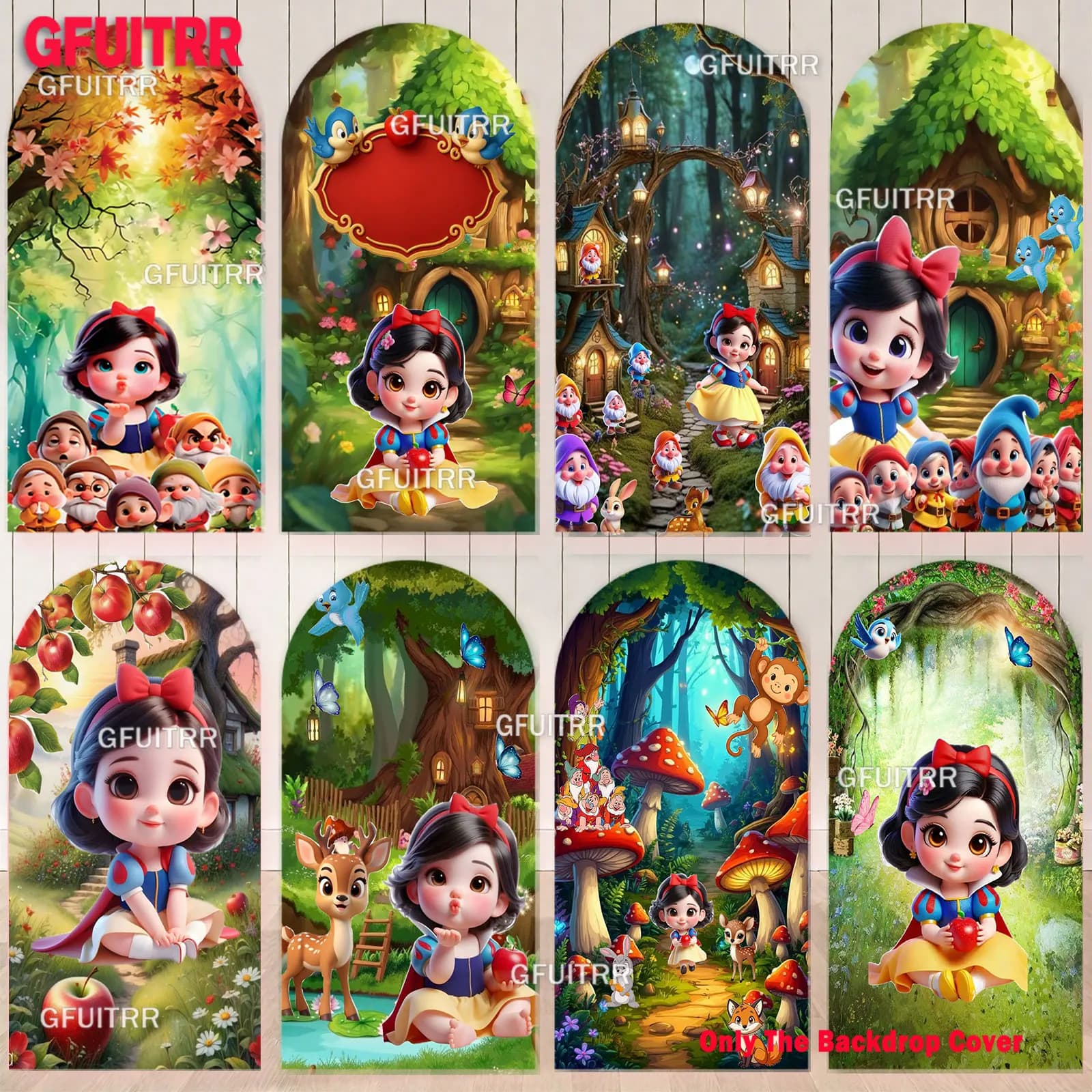 Sfondo ad Arco per Bambini con Tema Biancaneve e i Sette Nani, Decorazione per Primo Compleanno e Baby Shower, Banner per Feste all'Aperto