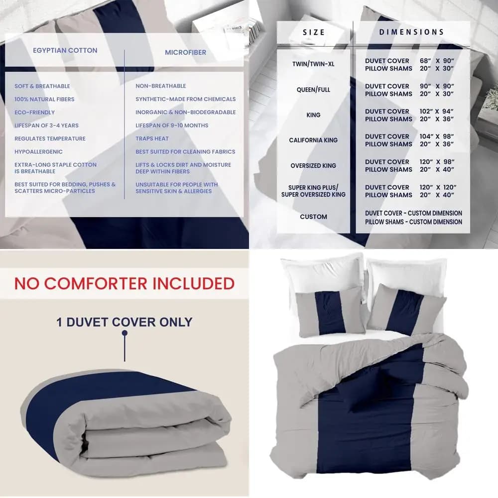 Copripiumino King Size Oversize 100% Cotone Egiziano 600 Fili, con Cerniera e Lacci, Adatto per Inserti King Size Grandi, Blu Navy