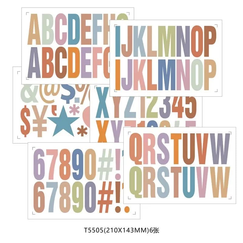 6 Sheets Gradient Alphanumeric Stickers, Letter Number Decal Set for DIY Journal, Scrapbook & Stationery Gift Decoration