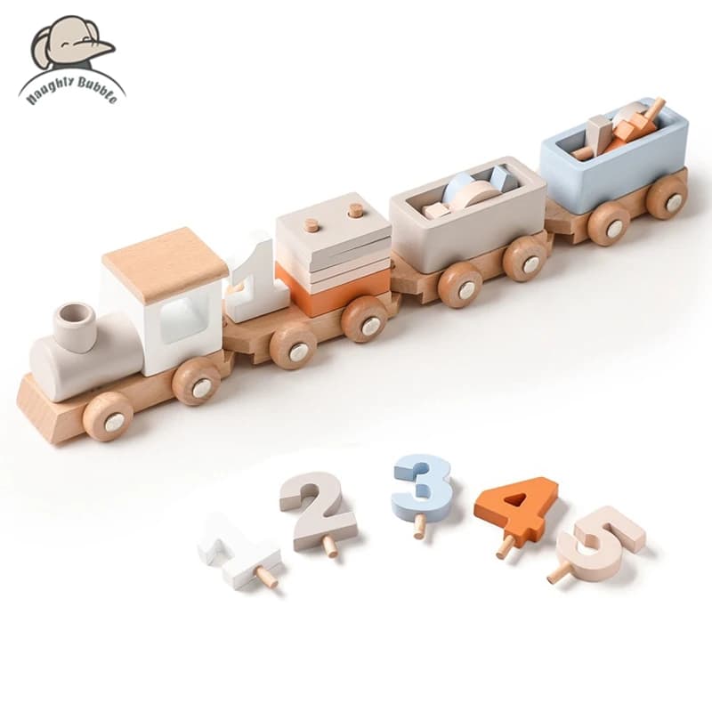 Treno in legno Giocattolo di compleanno Treno simulato Modello giocattolo Auto ferroviaria non telecomandata Treno in legno rimovibile Regalo squisito con SCATOLA