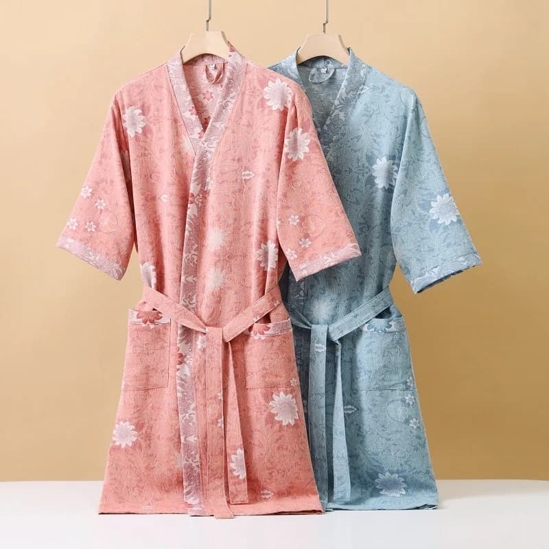 100% Cotton Bathrobe New Absorbent Quick-Drying Bath Towel Robe Gauze Sleepwear Chinese-Style Robe Pajamas Lightweight Bath Robe