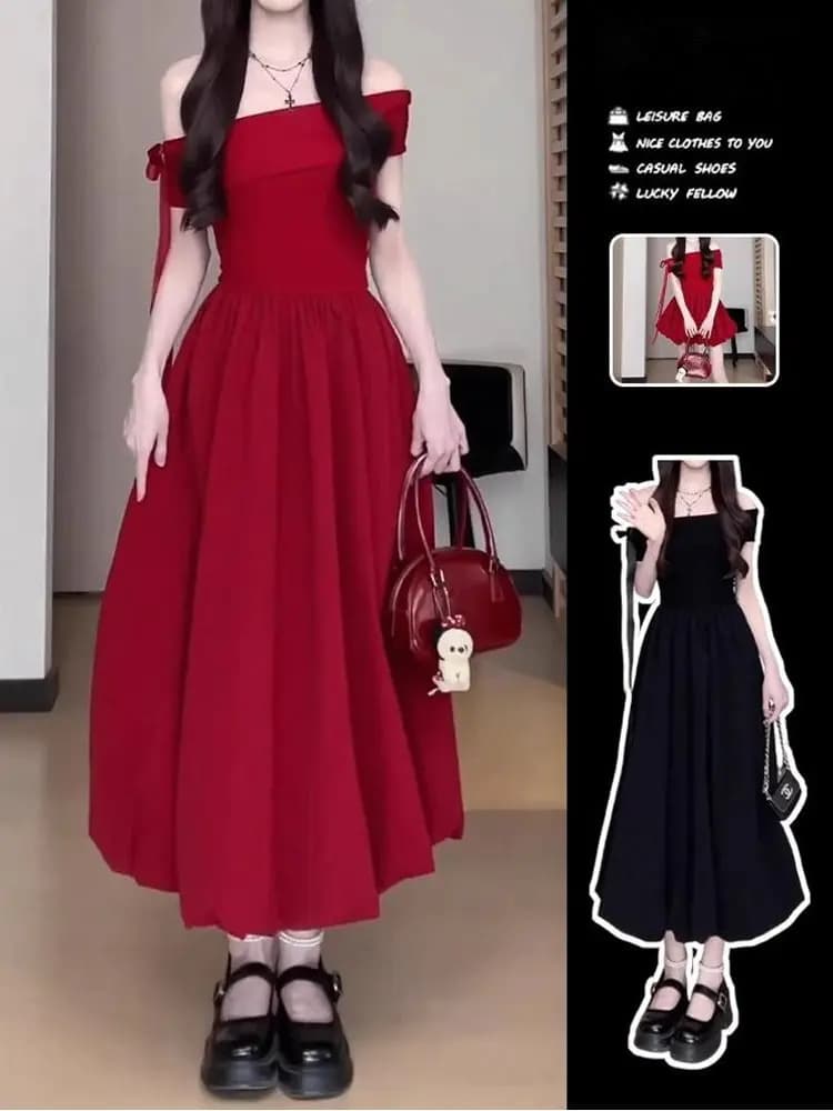 Red One-Shoulder Summer Dress Women's Beach Vacation Long Dress High Waist A-Line Skirt Style No-Sleeve Casual Commute Dress