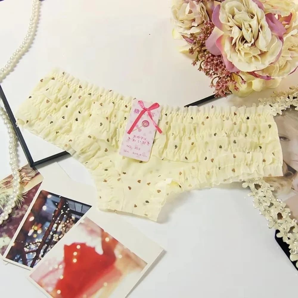 Polka Dot Pattern Lace Briefs Underwear Flower Pattern Mesh Fabric Low Waist Panties Lace Trim Cozy Texture Cake Layer Panties