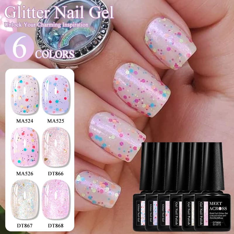 Set di 6 Smalti Gel con Glitter e Paillettes, Smalto Gel Effetto Yogurt Semi-Permanente, Smalto UV Soak-Off, Decorazione per Unghie, Accessori per Manicure