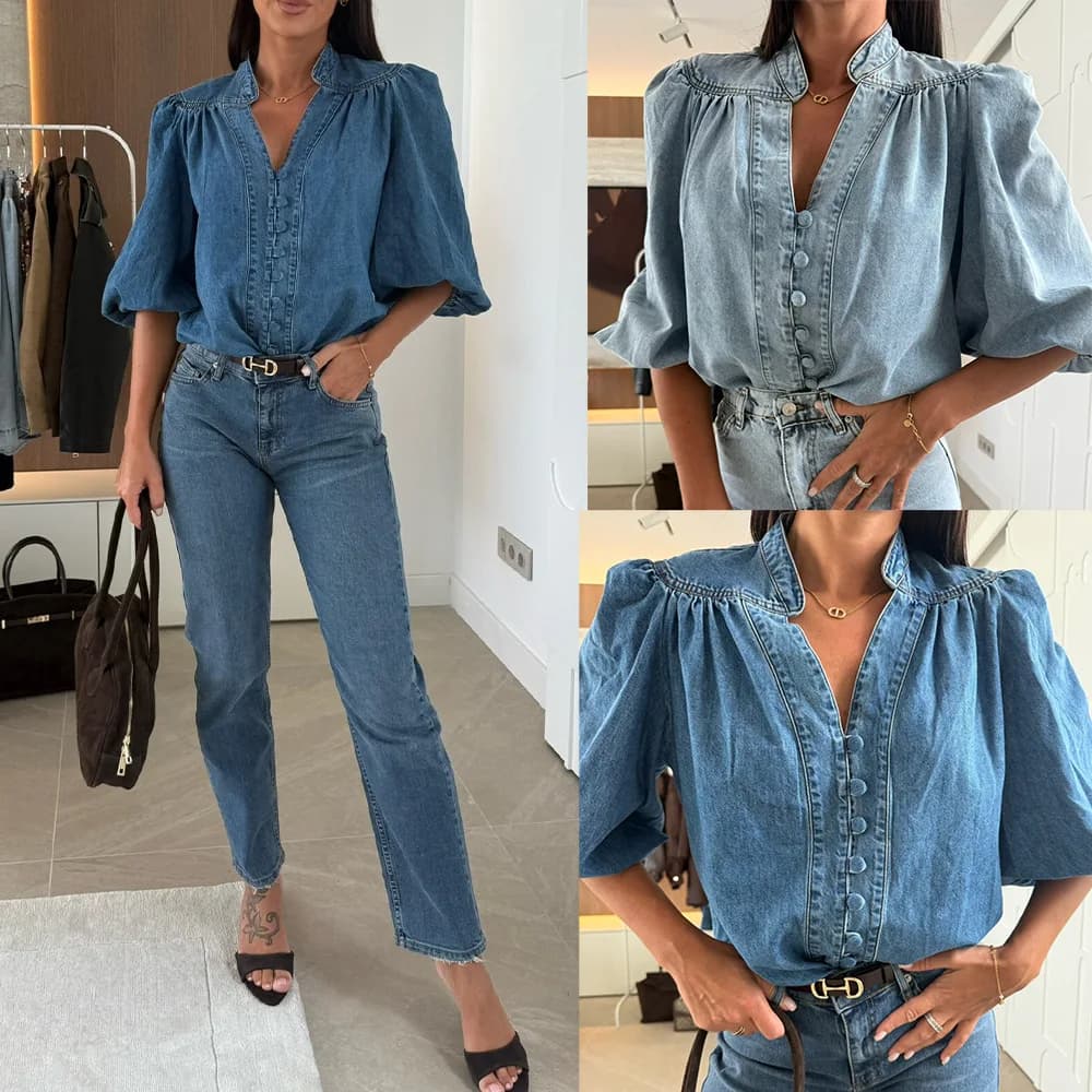 Women's Jeans Shirt V Neckline Top Y2k Streetwear Stylish Shirts with Belts Top casual Autumn Winter 2025